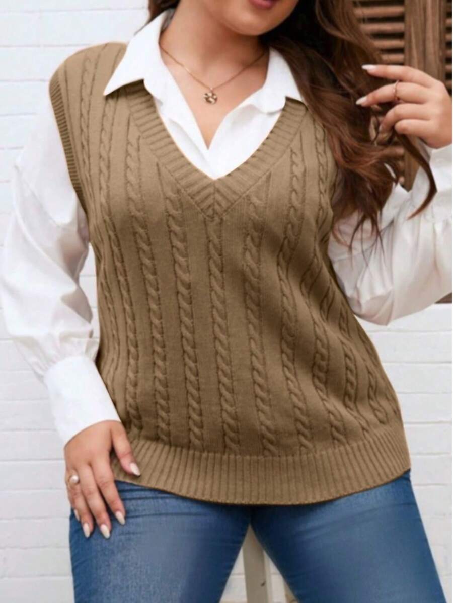 College Style, Braid, V-Neck, Plus Size, Fall And Winter, Valentine's Day Knit Vest - 羅馬尼亞 - 查看 1