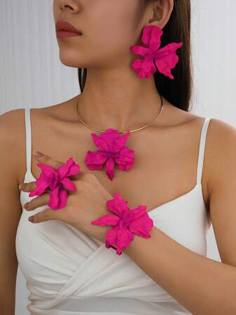 5-delars set med trendigt, överdrivet metalliskt fuchsiafärgat, överdimensionerat blommigt hänge i halsband, örhängen, ring och armband för kvinnor, lämplig för vardag, semester och fest