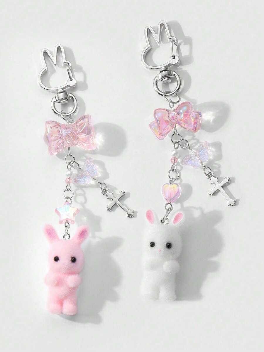 1pc Cute Minimalist High-Quality Silver Chain Cross, Star, Butterfly, Bow, Rabbit Pendant Keychain, Suitable For Women Daily Wear, Holiday Gift - Multicolor - View 1