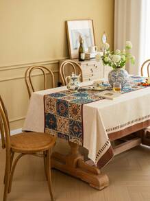 1pc Bohemian Style Red Geometric Jacquard Tablecloth, Rectangular Coffee Table Cover, Suitable For Daily Use, Festivals, Gatherings