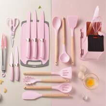 19 Piece High Quality Silicone Kitchenware Set With Wooden Handle & Knife -  Non-Stick Cooking Tools & Bamboo Storage Container - Perfect Kitchen Tools For Easy Cooking & Cleaning