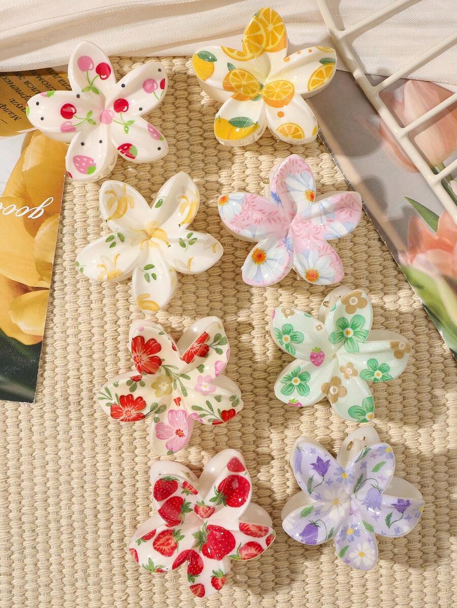 8 件 ABS 波西米亚甜樱桃、草莓、橙子水果和花卉 UV 印花小发夹、刘海发夹、沙滩配饰时尚发饰花爪夹可爱发夹秋冬度假装女士