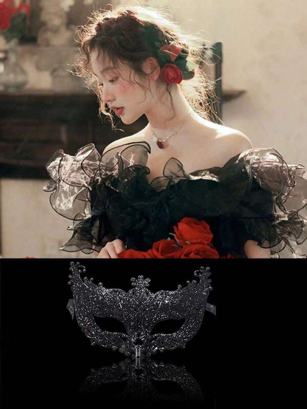 1 Piece Of Halloween Christmas Dance Carnival Gold Powder Hollow Fox Plastic Makeup Face Mask Half-Face Venetian Mask.