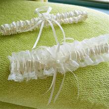 Lace Wedding Garters For Bride Pearl Stretch Prom Garter, Women Wedding Bridal Legs Garter Set Garter Belt - 象牙 - 查看 2