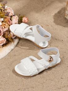 1 Pair Girls Woven Design Flat Sandals, Round Toe Hook And Loop Closure Comfortable Cute Fashion Suitable For Outdoor, Beach Wear In Summer