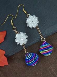 Handmade Long Tassel Rainbow Ball Floral Drop Earrings, Boho Vacation Style Vintage Elements, Suitable For Daily Life, Work, Stage, Street Photography, Women