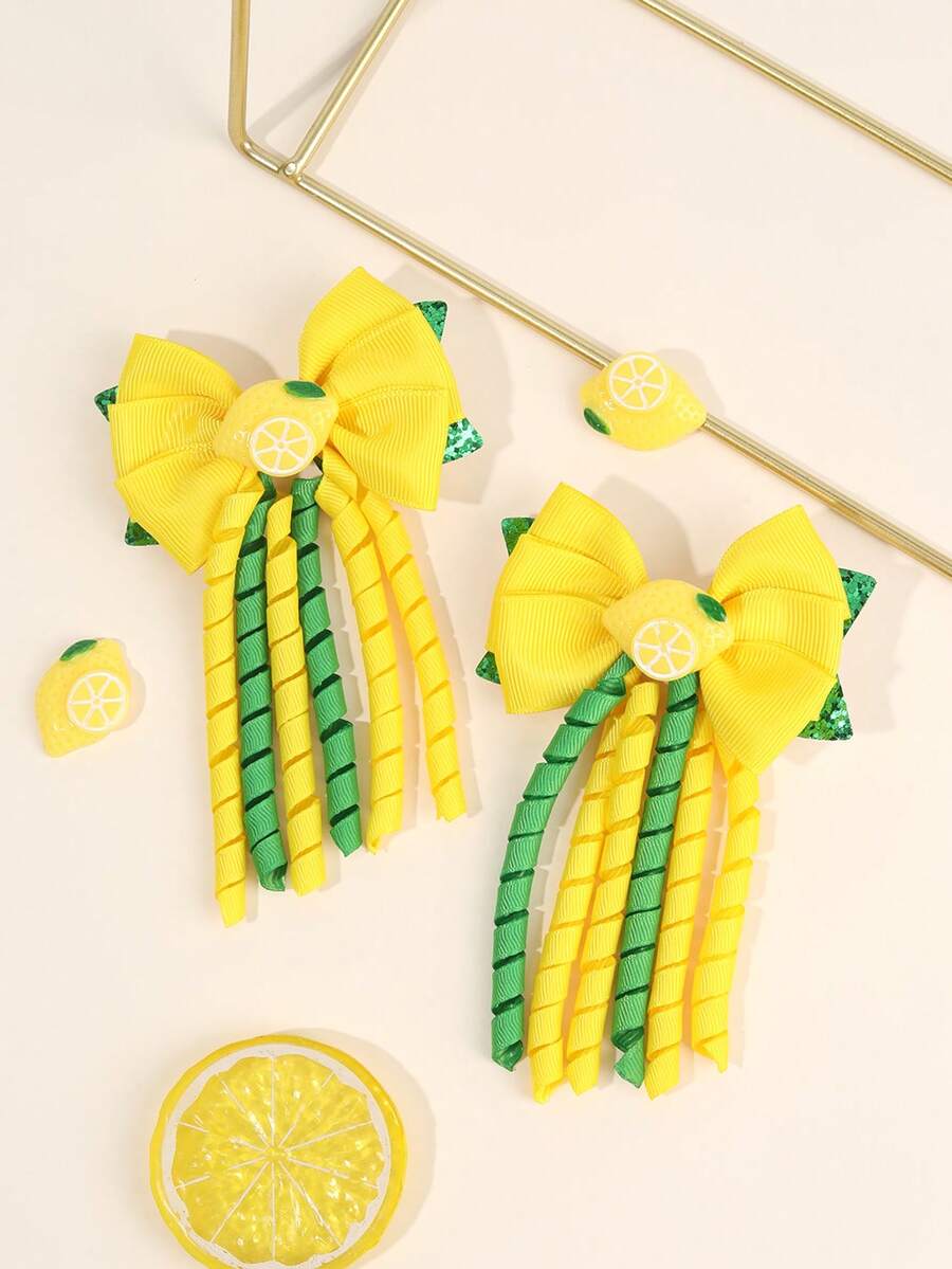 2 件柠檬色 Korker 蝴蝶结，适合女孩卷曲黄绿色罗缎丝带蝴蝶结鳄鱼夹，可爱柠檬闪光风车蝴蝶结发夹，可爱水果蝴蝶结发夹，青少年发饰 - 黃色 - 查看 1