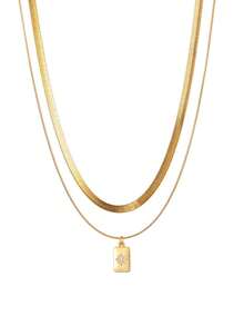 Nooxian 2pcs/Set Women Stainless Steel Snake Chain & Cubic Zirconia Star Pendant Necklace Set, Layered Wear Daily Style - Yellow Gold - View 7