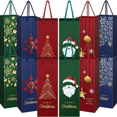6 件/3 件带手柄的圣诞葡萄酒礼品袋，可重复使用的厚圣诞葡萄酒瓶包装纸袋，完美的节日生日派对袋，适用于葡萄酒、香槟、威士忌、圣诞礼物、家居装饰、各种颜色和款式的圣诞节圣诞装饰圣诞睡衣圣诞礼物圣诞装饰