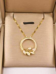 不锈钢链条项链耳环套装。轻奢铜质，镶满钻石，互锁式个性化耳环、项链、团体礼品首饰 - 橄欖枝圓環 - 查看 1