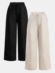 2pcs/Set Tween Girls' Solid Color Straight Leg Casual Sports Pants - Black - View 1