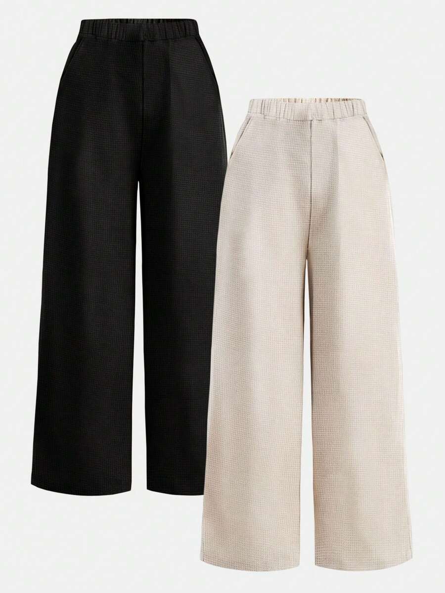 2pcs/Set Tween Girls' Solid Color Straight Leg Casual Sports Pants - Black - View 1