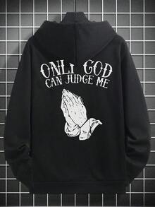 SU ER Hoodie Pria Kasual dengan Motif Slogan Gerakan Tangan dan Kantong, Musim Gugur/Dingin - Hitam - View 4