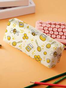 1pc Cute Bee Pattern Printed Corduroy Pencil Case, Stationery Storage Bag, Double-Sided Print Pen Bag, Portable Multifunctional Office Supplies Pencil Pouch, Gift For Students, Friends, Festivals, Pencil Pouch, School Bag,School Supplies,Back To School - Multicolor - View 12