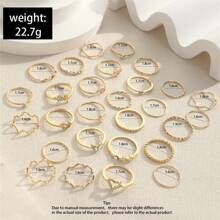 28pcs Minimalist Rhinestone Heart & Wave Rings, Gold Geometric Knuckle Rings Set [Size Noted, Closed Rings, Please Do Not Force Open]