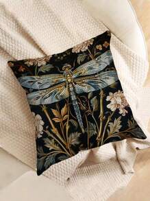 2pcs Dragonfly & Floral 2D Flat Printed Decorative Pillow Covers, Non-Embroidered, 18" X 18", Vintage Farmhouse Style, Single Sided Print, Polyester, Zipper Closure - Perfect For Living Room, Bedroom, Sofa, And Christmas/Halloween Decor