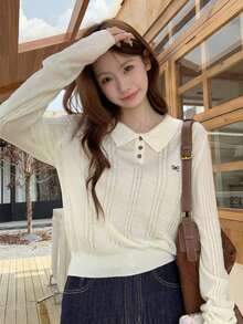 秋冬韩版宽松麻花针织彼得潘领纽扣长袖套头毛衣上衣 - 杏色 - 查看 1