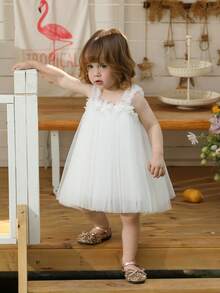 Baby Girls' White 3D Floral Strap Dress, Elegant Party Dress, Princess Dress, Suitable For Girls, Babies, 1st Birthday, Gift, Banquet, Flower Girl Wedding, All Season - White - View 8