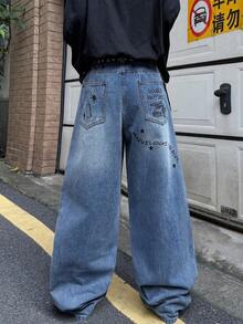 1pc Vintage Loose Design Graphic Print Wide Leg Pants, Unisex Streetwear - Blue - View 8