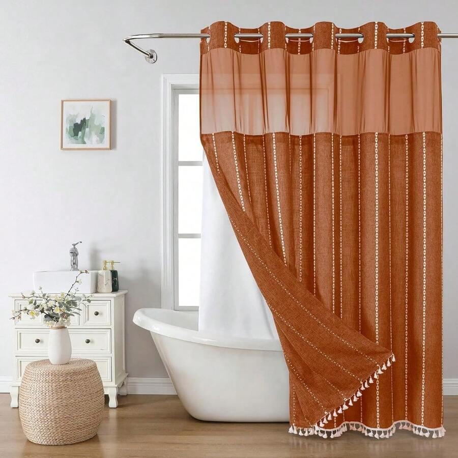 Cortina de ducha estilo bohemio chic - Forro extraíble y detalles con borlas, diseño rústico a rayas de lino sin ganchos - Naranja - Ver 1