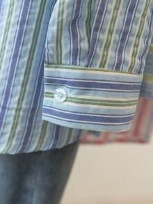 YUXIN Camisa holgada a rayas vintage, blusa de chaqueta de manga larga con cuello para mujer, cómoda de llevar para múltiples ocasiones, ideal para primavera y otoño