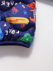 秋冬新款夹棉外套，藏青色卡通恐龙图案，男童连帽保暖防风外套，男童卡通保暖派克大衣 - 寶藍色 - 查看 10