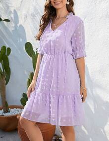 Women's Short Sleeve Swiss Dot V Neck Dress Casual A Line High Waist Dress Summer Solid Ruffle Mini Dress - 紫色 - 查看 5