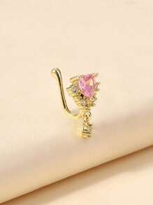 1 Pc Fashionable And Elegant Copper Heart-Shaped Pendant With Pink Zirconia Golden Fake Nose Ring Is Suitable For Women To Wear Daily.