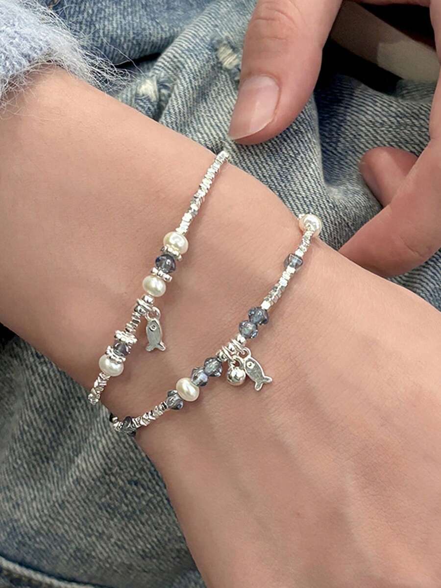 1pc Dainty Blue Whale Design Ladies Bracelet With Silver Charms, Personal Style Accessories - Silver - View 1