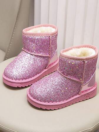 2025 Children's Winter New Shiny Shiny Snow Boots, Thick Fleece Warm Shoes For Boys And Girl, Warm Boots For Infants And Toddlers, Suitable For Winter Skiing And Outdoor Activities(Sole Print Is Random)