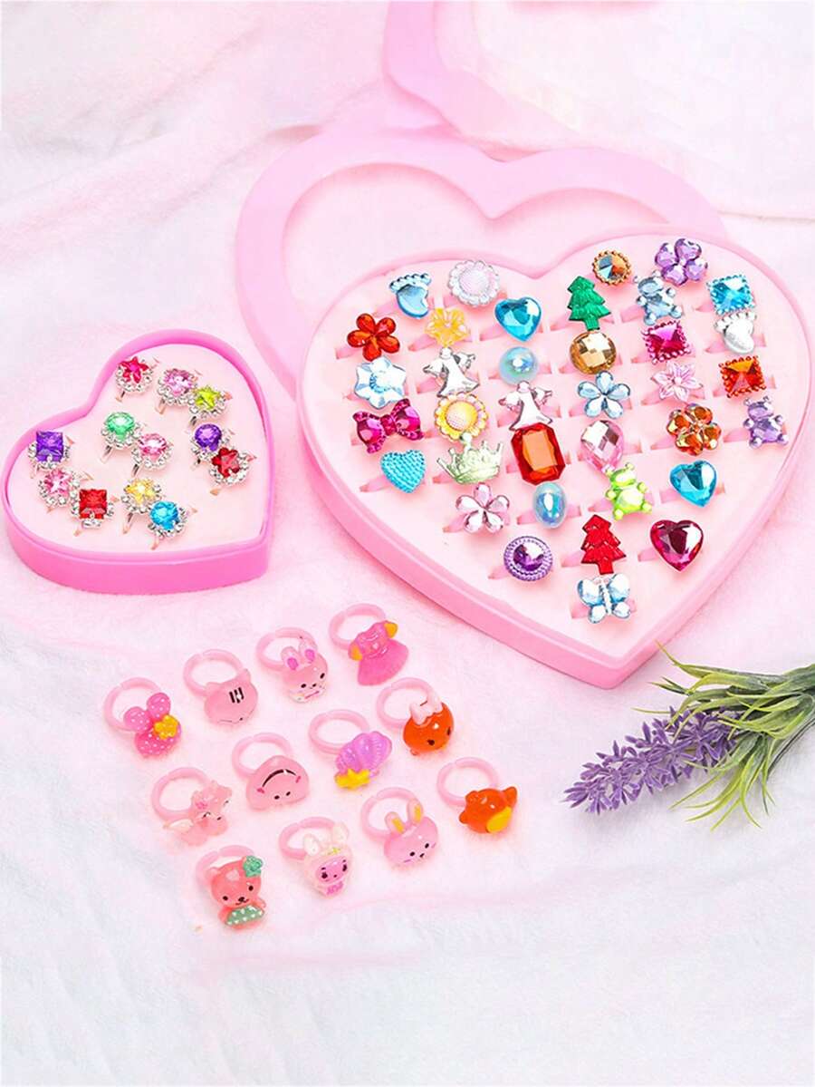 每盒 12 件，可爱卡通金色宝石和动物公主戒指套装，固定款式，含包装盒，珠宝配饰礼物，适合男女儿童。开学第一天。 - 彩色 - 查看 1