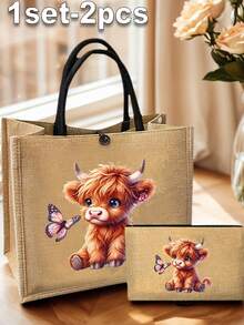 迷人高地牛主题印花图案亚麻手提包、零钱包、字母、拉链袋、个性礼品包、卡通趣味多功能手提包、带黑色扣环的黄色亚麻黑色手提包、购物袋、化妆包、杂物收纳袋