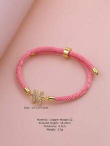 2025新款水钻A-Z字母手链，可调节粉色编织手链，简约风格，女士珠宝礼物