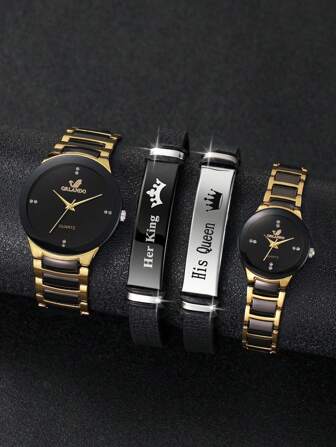 Couple's Stainless Steel Quartz Wrist Watch With Rhinestone Dial & 4pcs/Set Couple's Crown Leather Strap Bracelet Set (Watch Not Included)