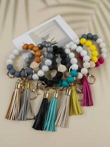 1pc Minimalist Beaded Keychain, Handmade Tassel Keyring, Women's Fashion Silicone Bead Wrist Lanyard - Marble Print Charm, Bag Accessory, Gift For Friends, Mom, Teachers - Multicolor - View 1