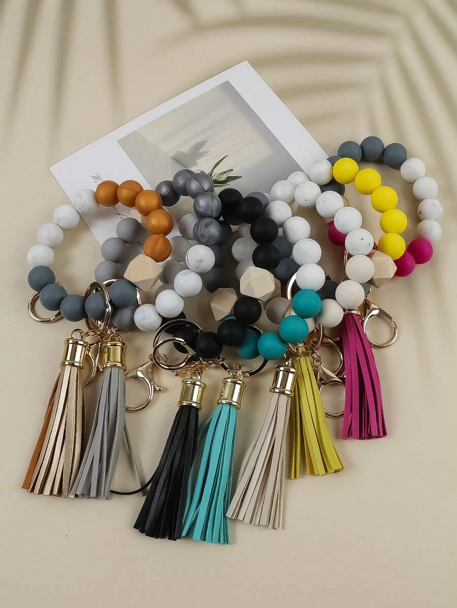 1pc Minimalist Beaded Keychain, Handmade Tassel Keyring, Women's Fashion Silicone Bead Wrist Lanyard - Marble Print Charm, Bag Accessory, Gift For Friends, Mom, Teachers - Multicolor - View 1