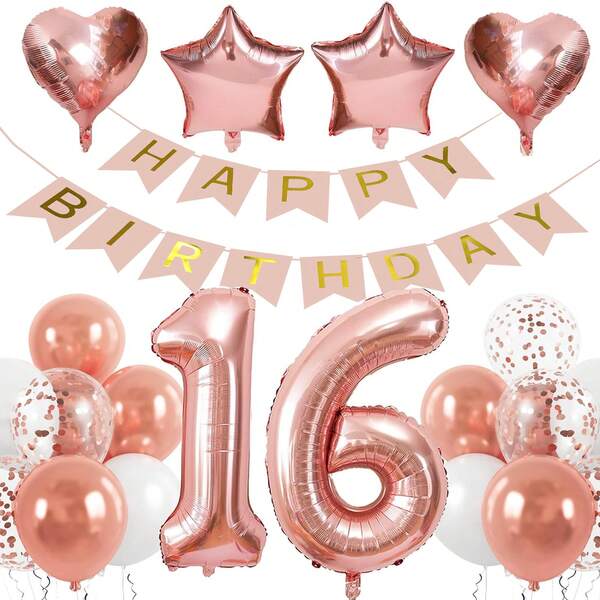 Decoraciones para fiesta de 16 años, decoraciones de 16o cumpleaños en rosa dorado, pancarta de feliz 16 cumpleaños, globos de número 16 de lámina metálica, artículos de fiesta de 16o cumpleaños para niñas