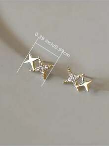 1 Pair 14K Gold Plated Double Star Rhinestone Earrings, Fashionable Crossed Stars Design Stud Earrings For Women