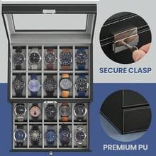 20-Slot Watch Box, Watch Case With Glass Lid, 2 Layers, Lockable Watch Display Case, Black Synthetic Leather - 黑色+灰色 - 查看 3