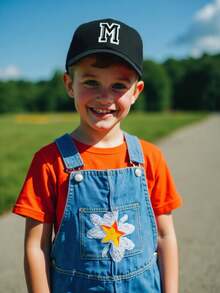 1顶儿童26字母刺绣棒球帽，金色线缝制字母设计，可调节后扣，时尚遮阳帽，男女童皆宜 - 黑色 - 查看 4