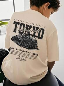 1 件汽车印花短袖 T 恤适合青少年男孩夏季上衣适合年轻学生和青少年 - 杏色 - 查看 2