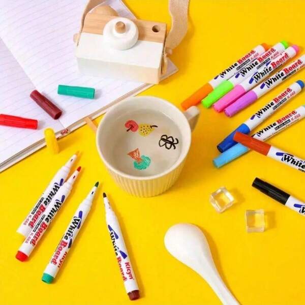 12 canetas flutuantes para desenho subaquático, marcadores coloridos para quadro branco, canetas flutuantes laváveis, marcadores de texto à base de água para crianças, material escolar, volta às aulas