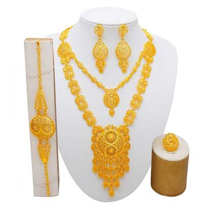 Dubai Gold Jewelry Set, African Bride Wedding Jewelry Set, Nigeria Necklace Bracelet Earrings Ring Jewelry