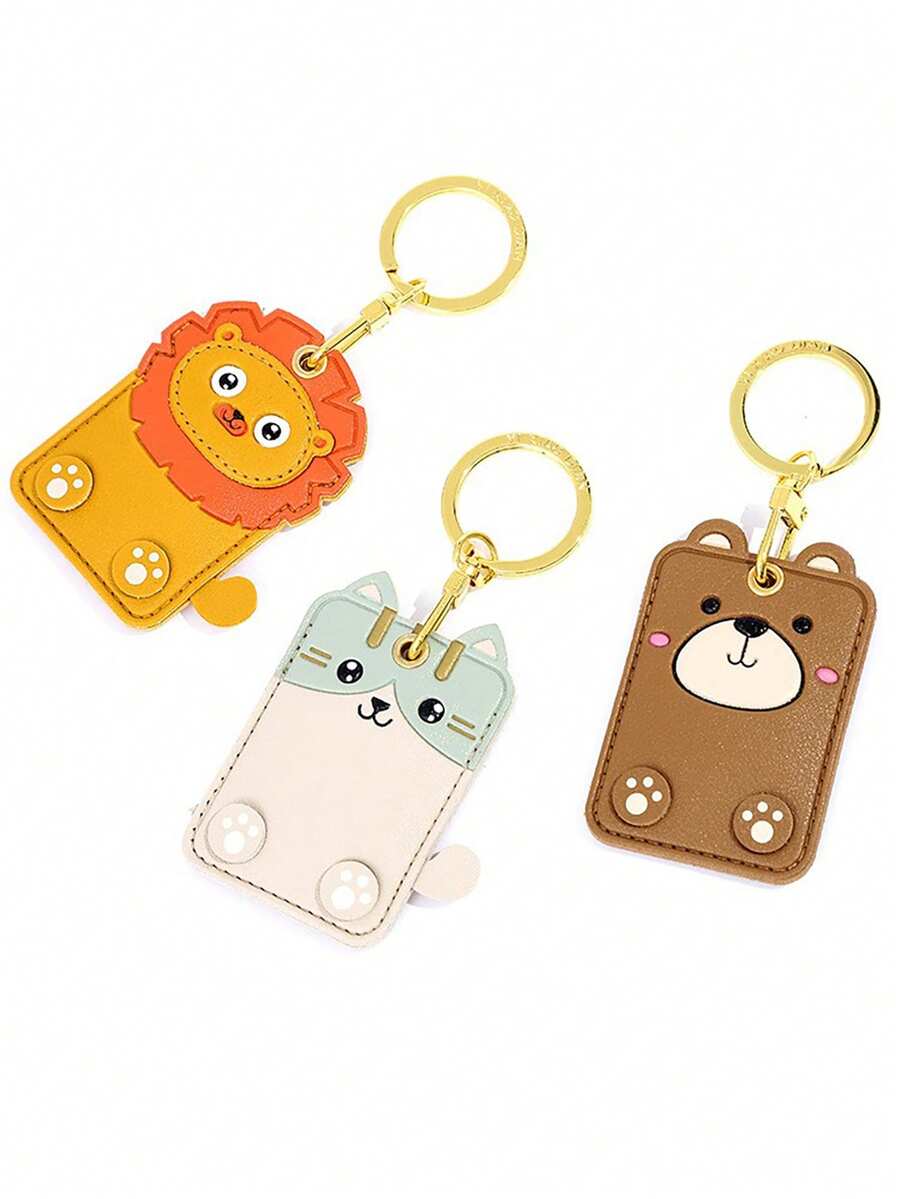 1 pièce Porte-cartes en cuir carré avec pendentif, motifs lion, ours brun, chat bleu. Décoration de porte-clés créative, cadeau pour camarades de classe, amis, famille, anniversaire, Saint-Valentin, fête, Halloween, Thanksgiving, Noël. Accessoires pour sac à dos, sac, porte-badge, accessoires de voiture
