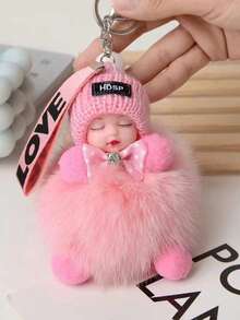 1pc Cartoon Doll Keychain With Real Faux Fur Alloy Round Shape Decorative Ladies Key Ring With Ring Buckle Ideal For Bag & Car Key Decoration Perfect For Valentine'S Day Gift 1 Piece Keyring Travel Accessories