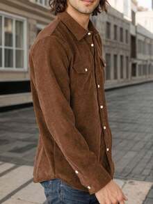 hoteel Men's Casual Multi-Pocket Solid Color Corduroy Button-Down Shirt, Men's Slim And Comfortable Top - 棕色 - 查看 4