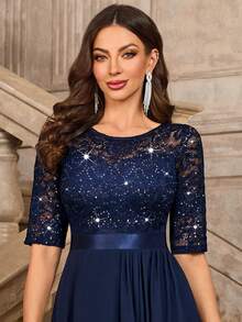 MIUSOL 亮片花卉蕾丝圆领不对称褶边雪纺半袖舞会派对摆裙