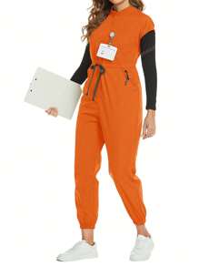 cimmuovere Große Größen Kurzarm Taille-Bindeband Figurbetonter Reißverschluss Stehkragen Kasack Jumpsuit