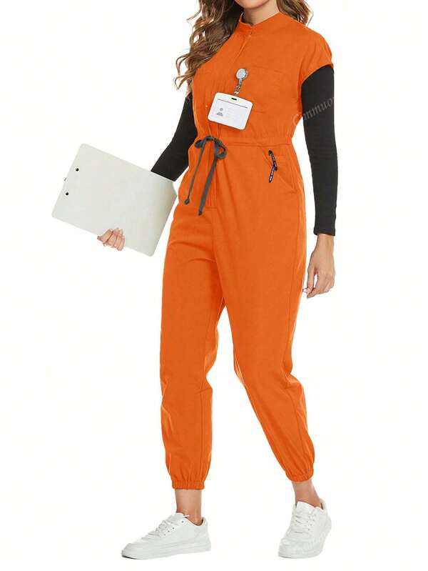 cimmuovere Große Größen Kurzarm Taille-Bindeband Figurbetonter Reißverschluss Stehkragen Kasack Jumpsuit
