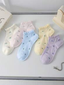 5/10 par skarpetek do kostki z nadrukiem kwiatowym, krótkie, śliczne, miękkie, oddychające, modne i uniwersalne, odpowiednie na lato i jesień